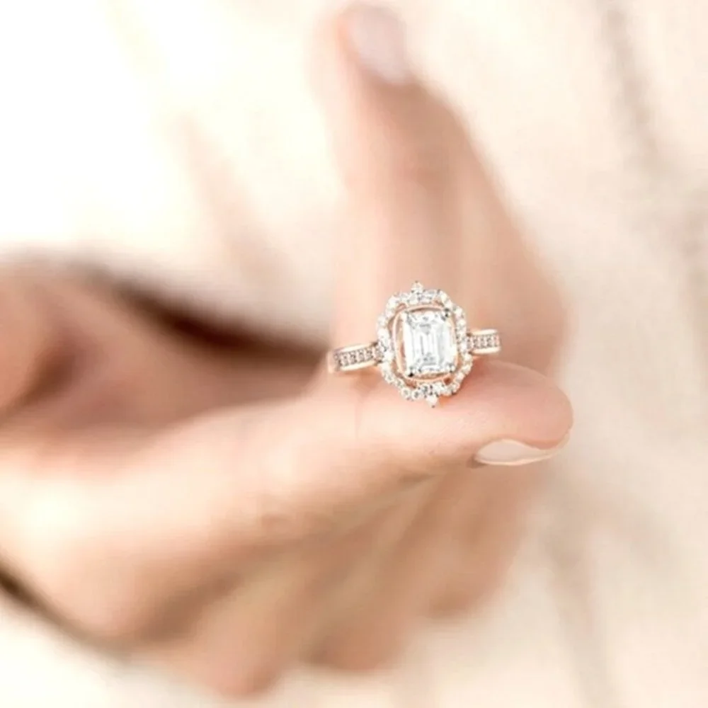 New Regency Bridgeton Era 14k Rose Gold 925 Silver Emerald Cut Diamond Ring